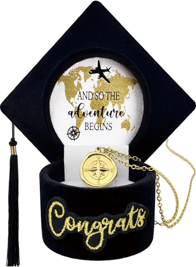 MALLAbyLAMMA Graduation Compass Necklace 18K Gold Plated with Jewelry Box, Inspirational Graduation Gift for Her, Congratulations Keepsake Graduation Cap Box, Graduation Gift Ideas for High School College Grads - Image 1